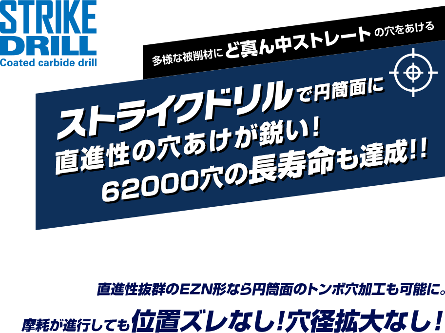 ストライクドリルで円筒面に直進性の穴あけが鋭い！62000穴の長寿命も達成！！