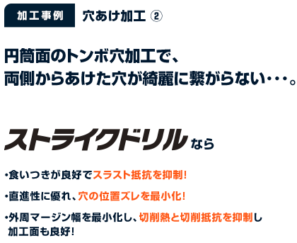 円筒面のトンボ穴加工で、両側からあけた穴が綺麗に繋がらない･･･。